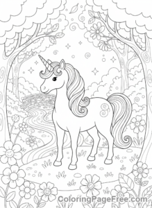 Mythical Creatures coloring page - Unicorn forest peaceful