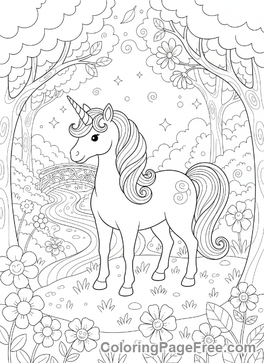 Mythical Creatures coloring page - Unicorn forest peaceful