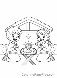 Nativity coloring page - Children Visit Manger