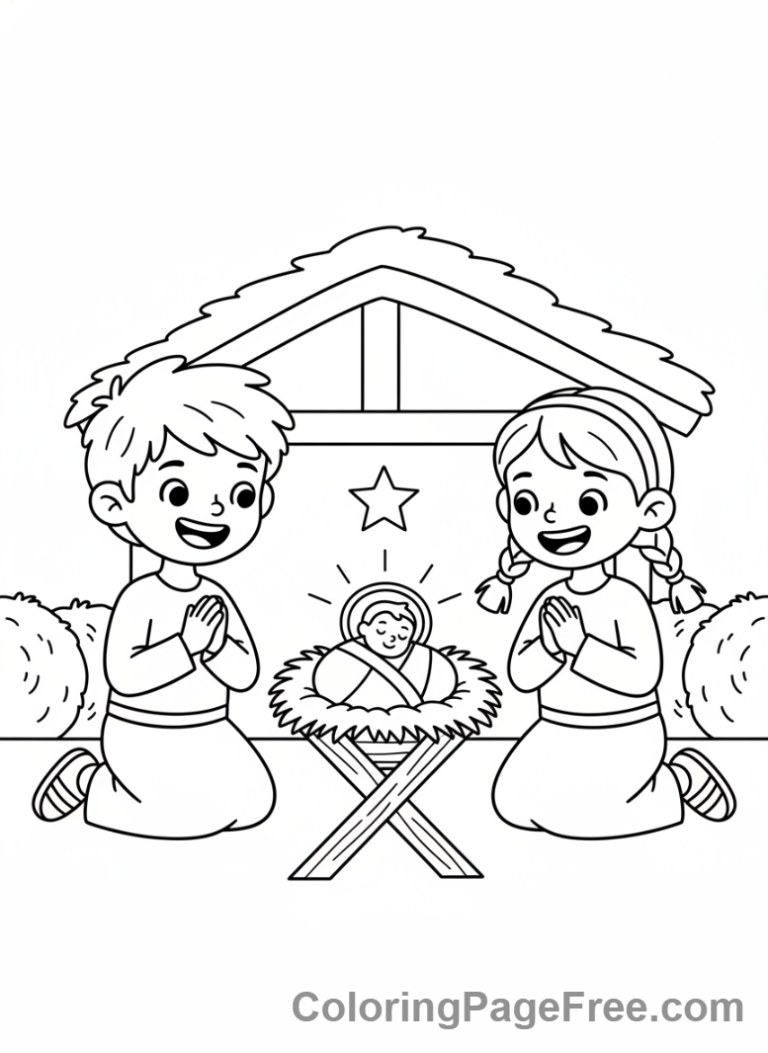 Nativity coloring page - Children Visit Manger