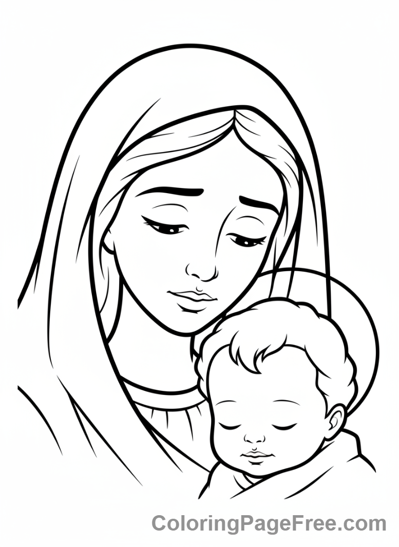 Nativity coloring page - Mary Baby Jesus faces