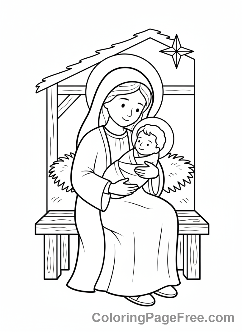 Nativity coloring page - Mary Holds Baby