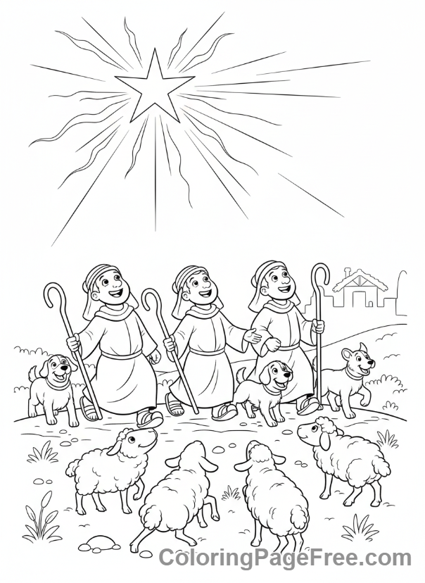 Nativity coloring page - Shepherds Sheep Star