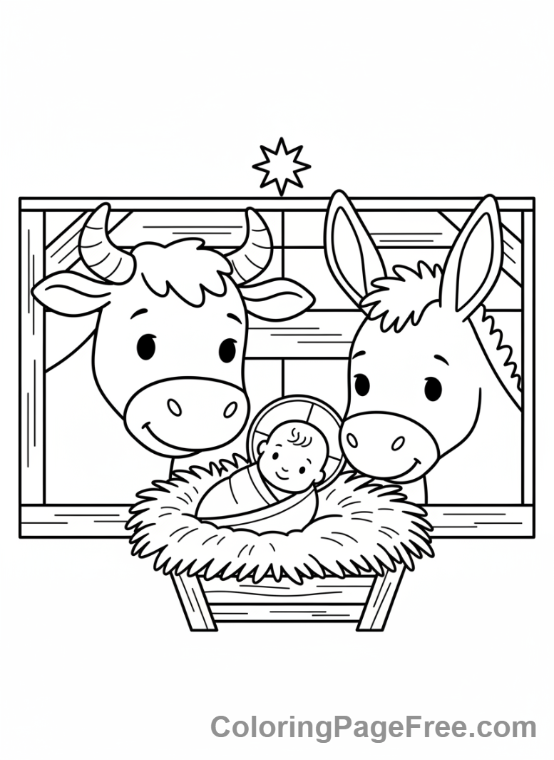 Nativity coloring page - Stable Animals Watching