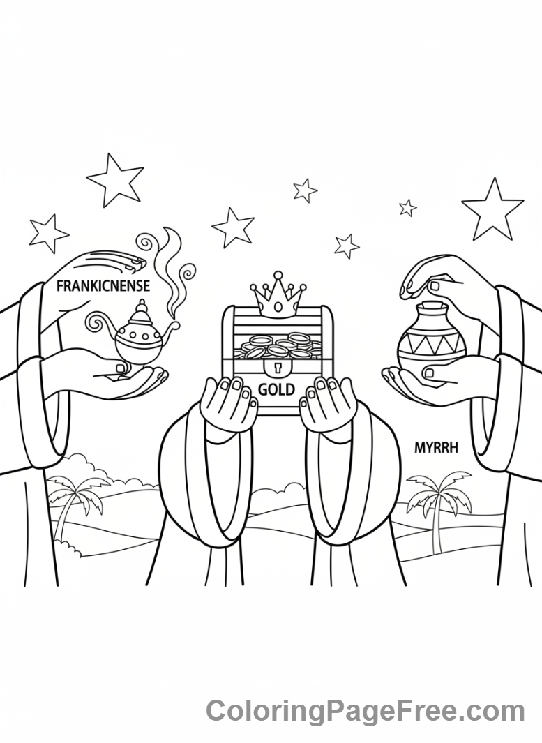 Nativity coloring page - Wise Men Gifts Detail