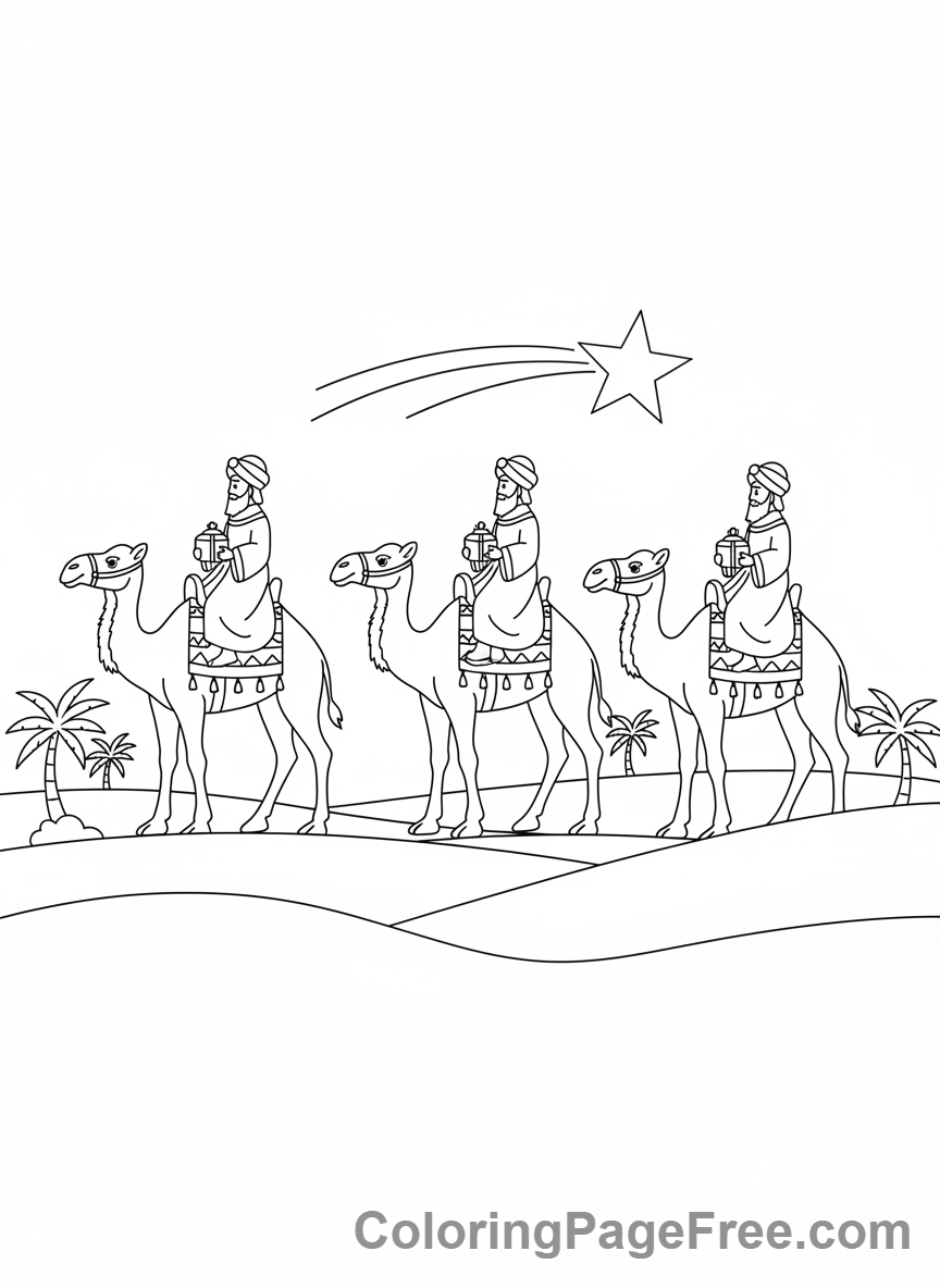 Nativity coloring page - Wise Men Traveling Camels