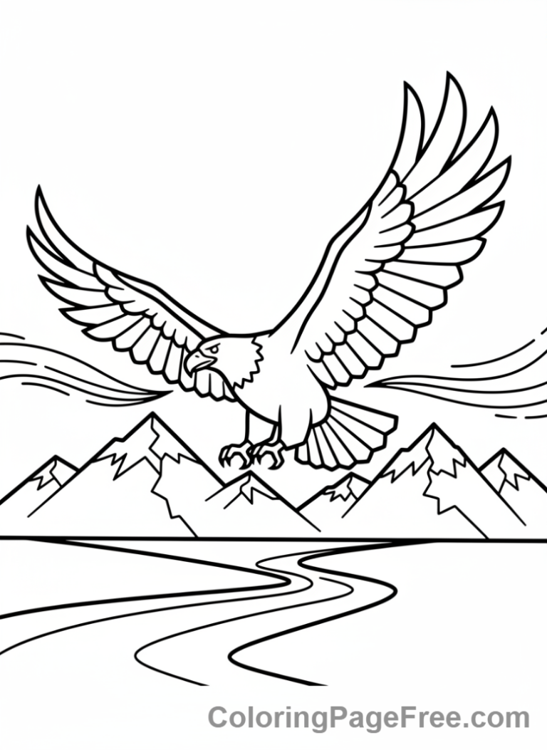 Eagle flying over mountains landscape coloring page