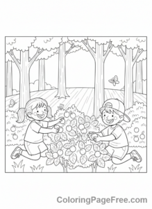 Nature coloring page - Kids Picking Berries