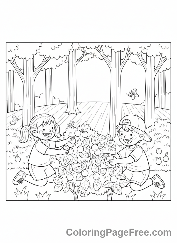 Nature coloring page - Kids Picking Berries