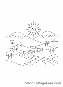 Nature coloring page - Sunny Mountain Valley