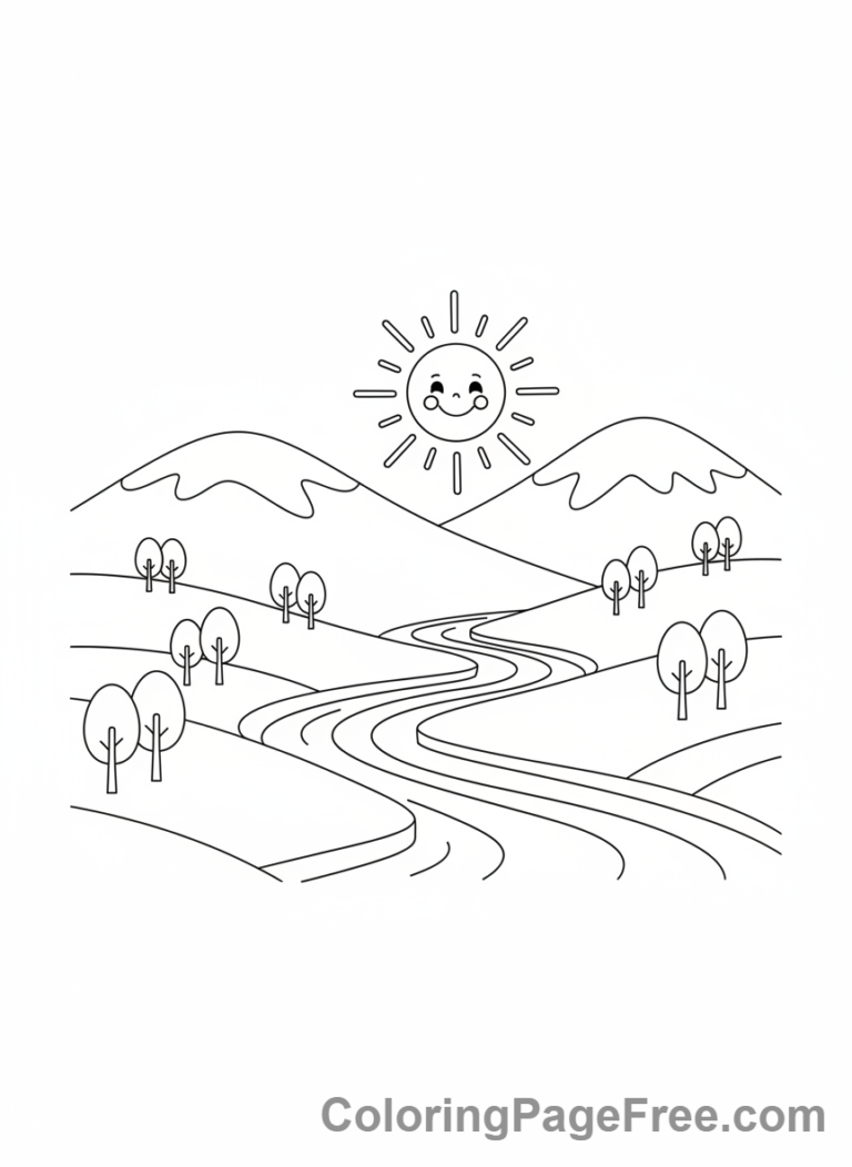 Nature coloring page - Sunny Mountain Valley