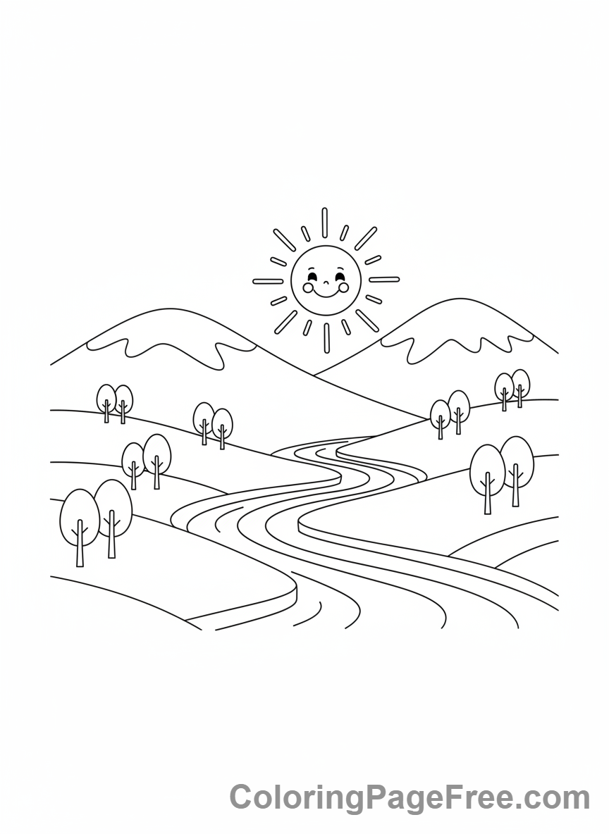 Nature coloring page - Sunny Mountain Valley