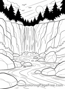Nature coloring page - Waterfall River Rocks