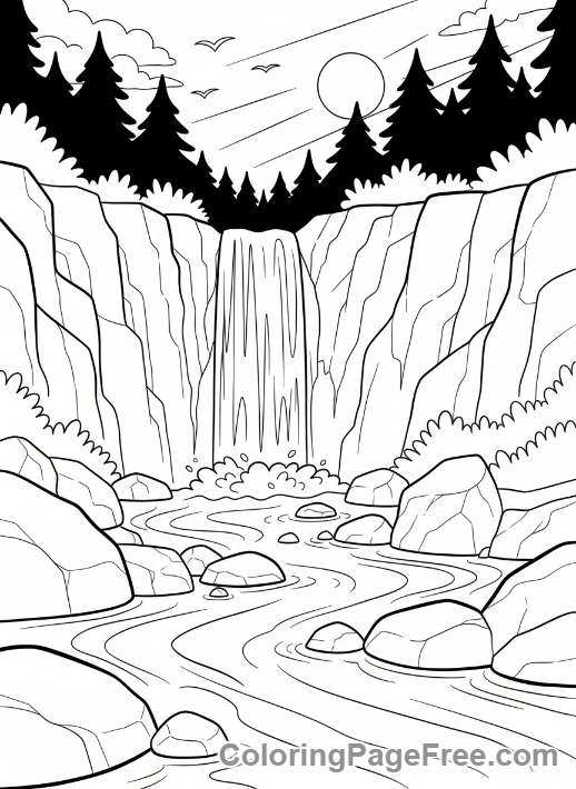 Nature coloring page - Waterfall River Rocks