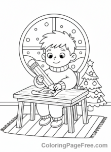 New Year coloring page - Child writing resolutions