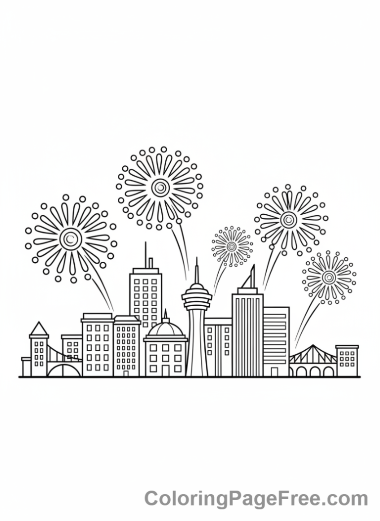 New Year coloring page - Fireworks city sky