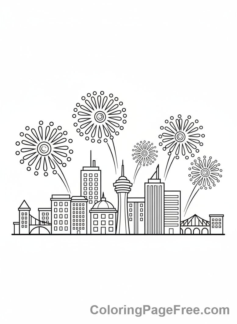 New Year coloring page - Fireworks city sky