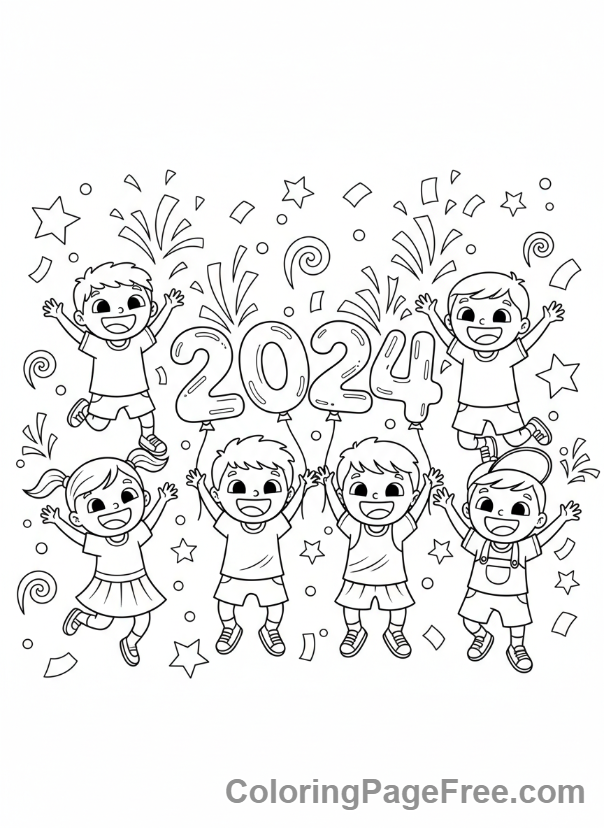 New Year coloring page - Kids confetti balloons