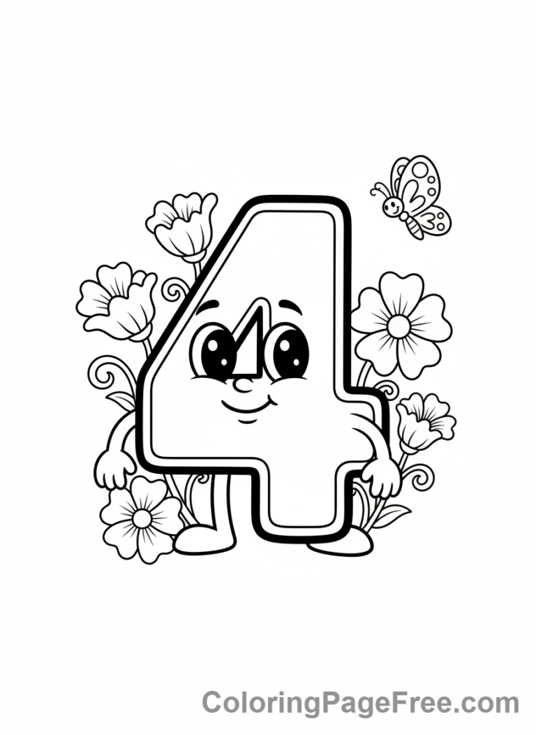 Numbers coloring page - Number Four flowers