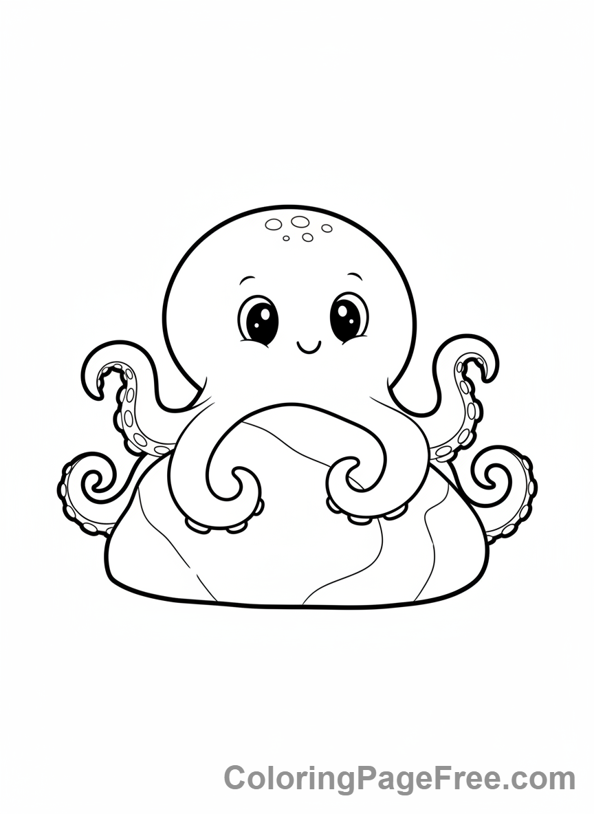 Octopus coloring page - Octopus hiding rock