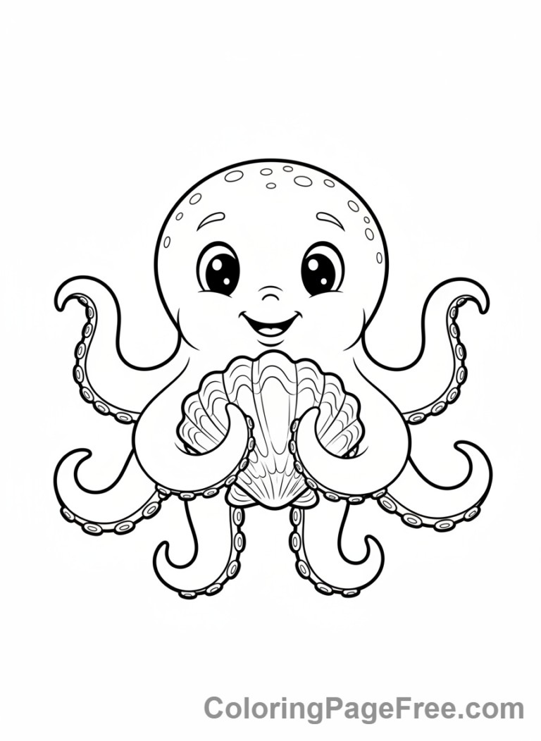 Octopus coloring page - Octopus holding shell