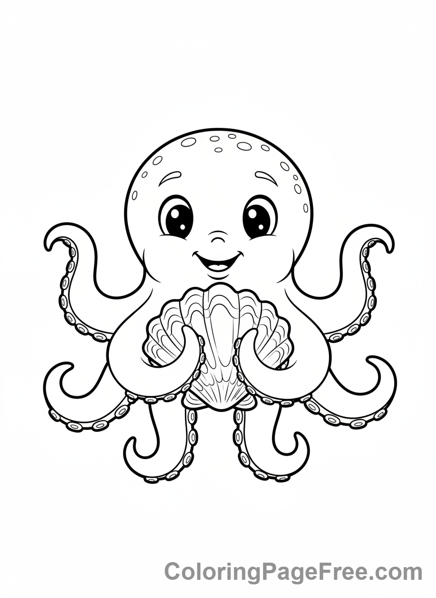 Octopus coloring page - Octopus holding shell