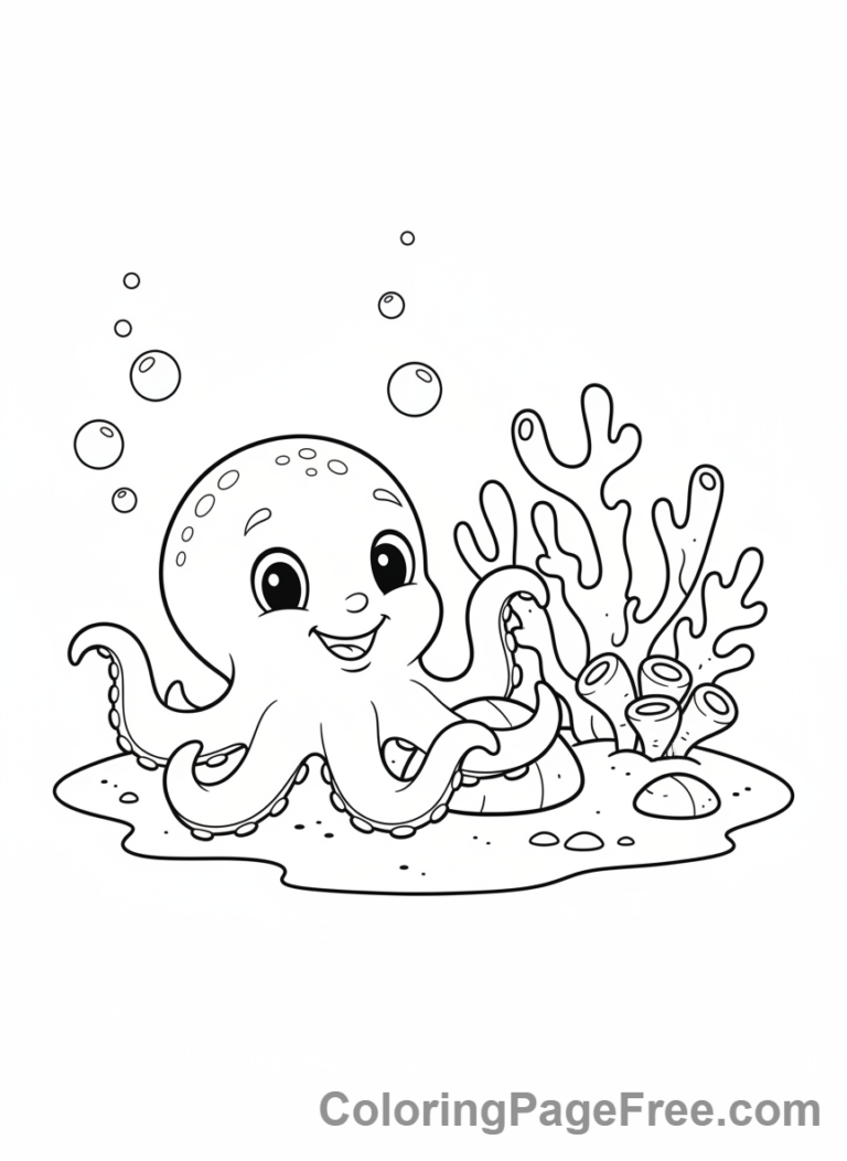 Octopus coloring page - Octopus near coral