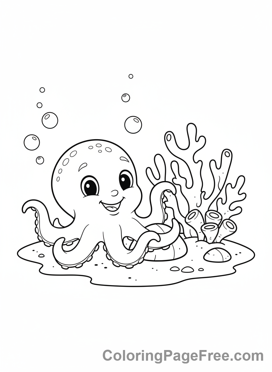 Octopus coloring page - Octopus near coral