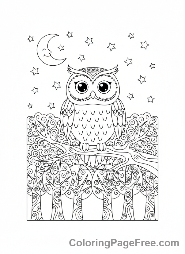 Owl coloring page - Owl night forest