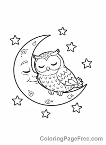 Owl coloring page - Owl sleeping moon