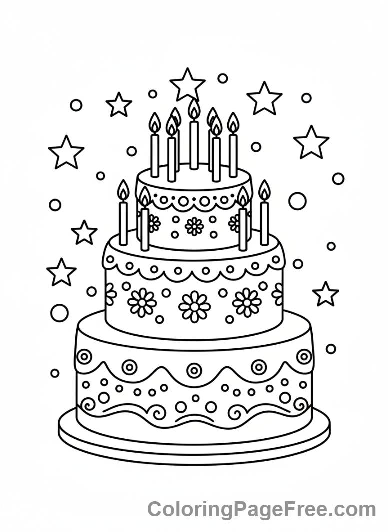 Party coloring page - Cake with candles