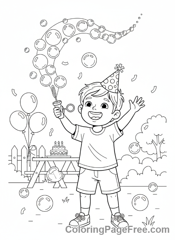 Party coloring page - Child blowing bubbles