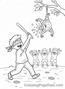 Party coloring page - Child hitting pinata