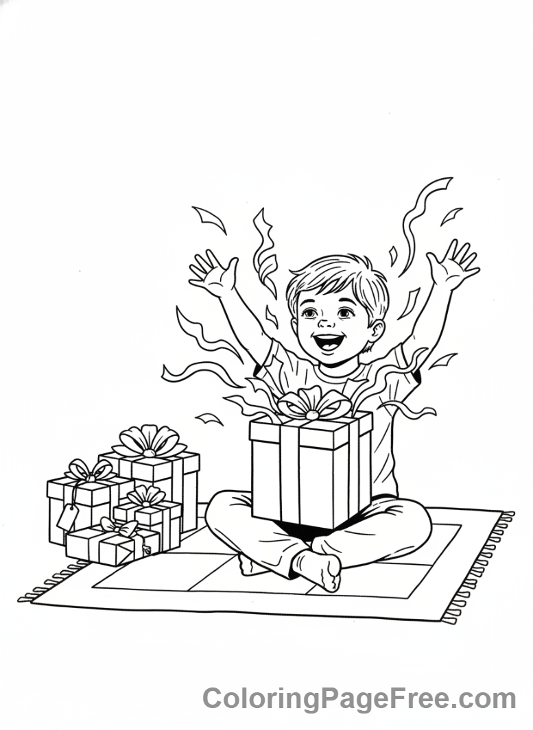 Party coloring page - Child opening gift