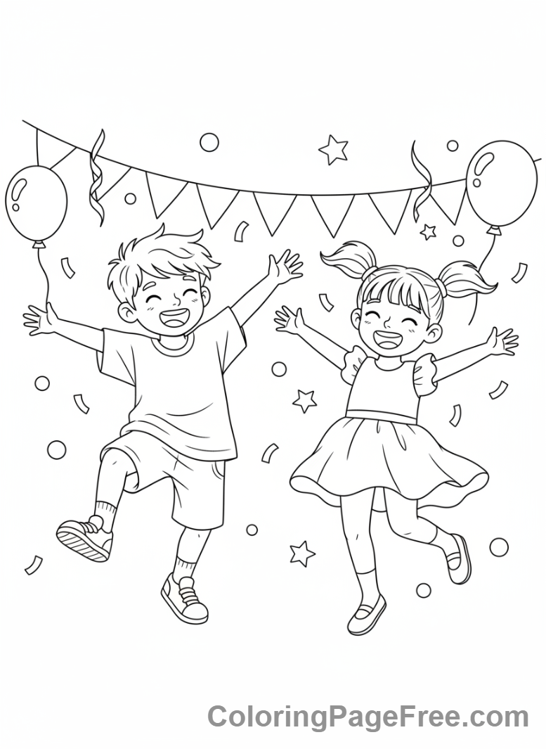 Party coloring page - Kids dancing happy