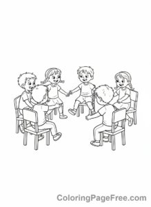 Party coloring page - Kids playing musical chairs
