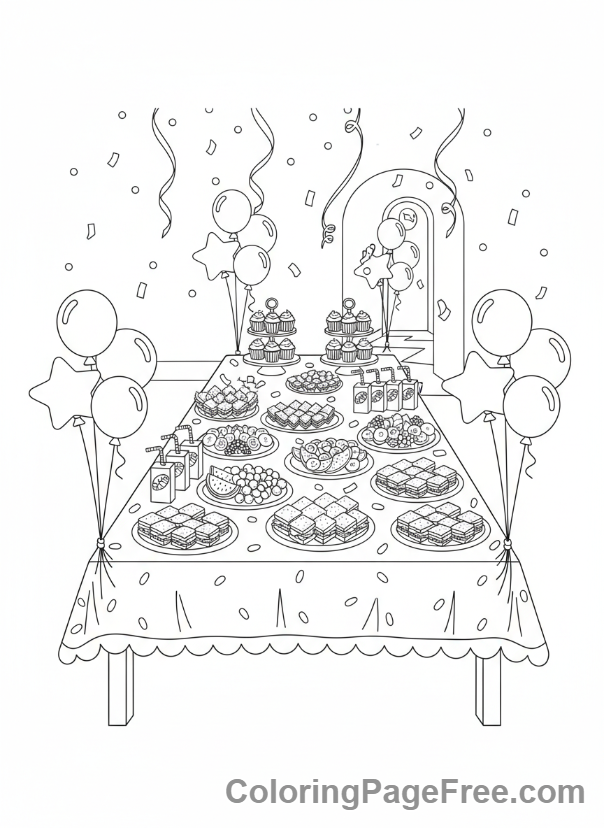 Party coloring page - Party snack table