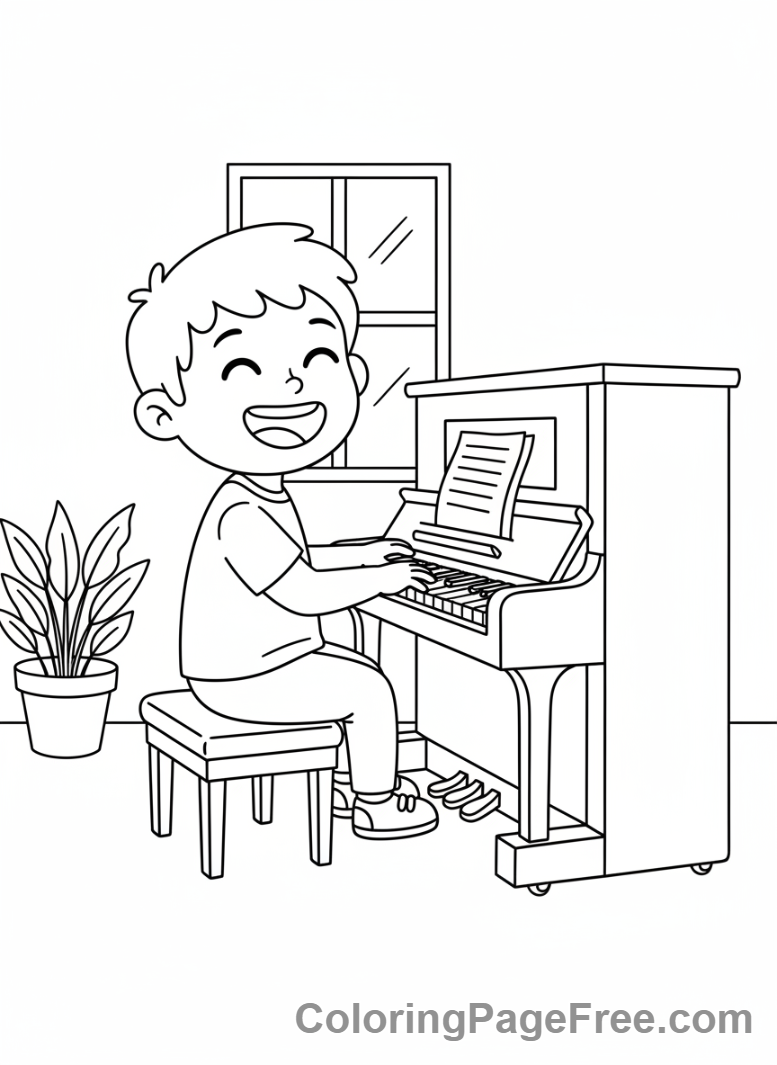Piano coloring page - Child playing piano