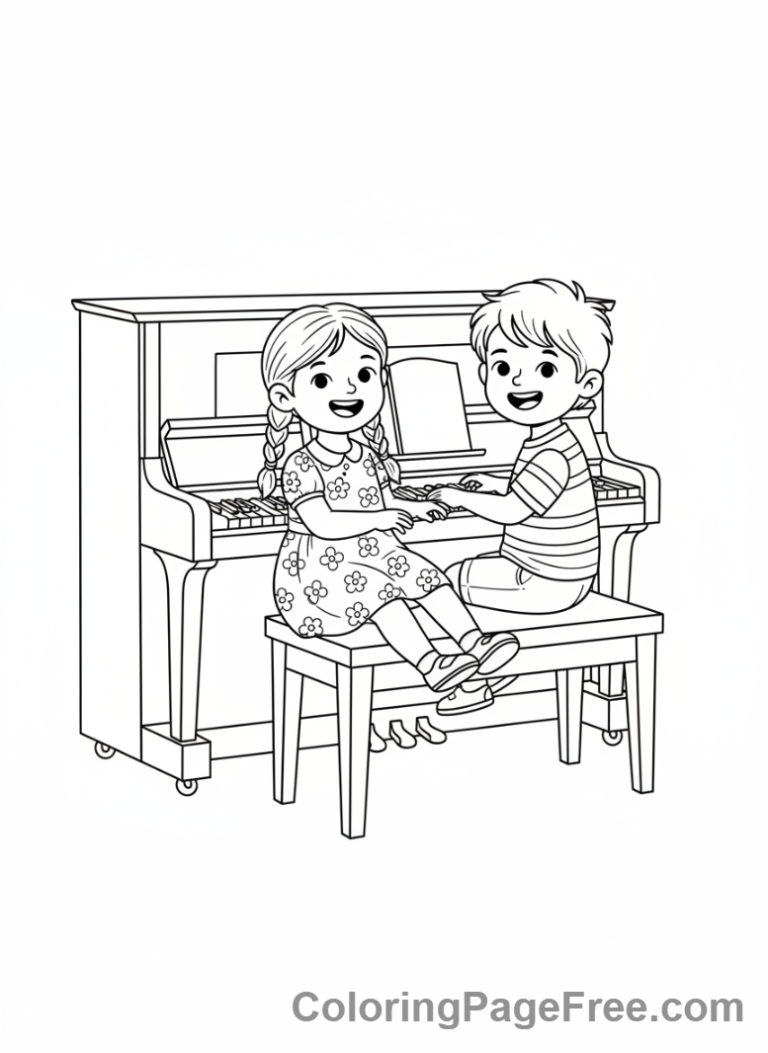 Piano coloring page - Piano duet kids