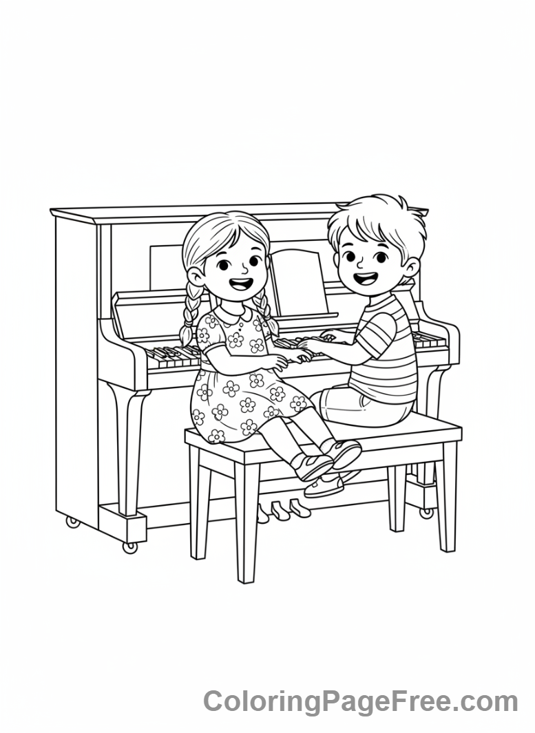 Piano coloring page - Piano duet kids