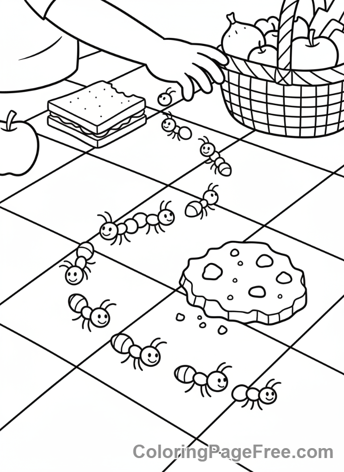 Picnic coloring page - Ants stealing food