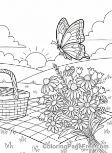 Picnic coloring page - Butterfly, flowers, picnic