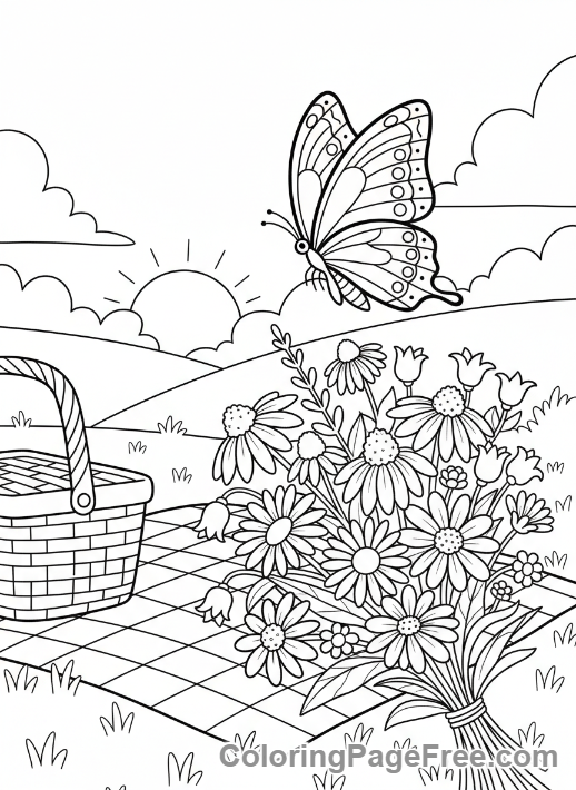 Picnic coloring page - Butterfly, flowers, picnic