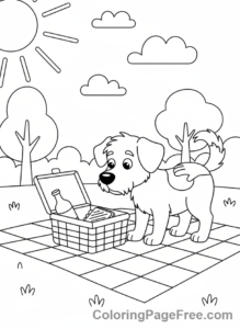 Picnic coloring page - Dog sniffs basket