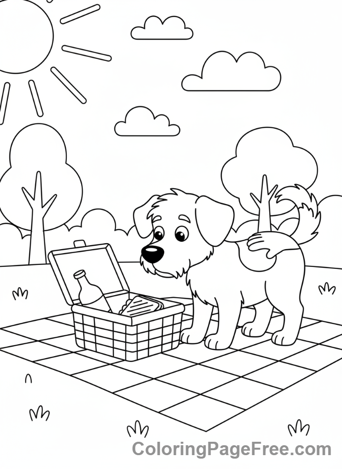 Picnic coloring page - Dog sniffs basket