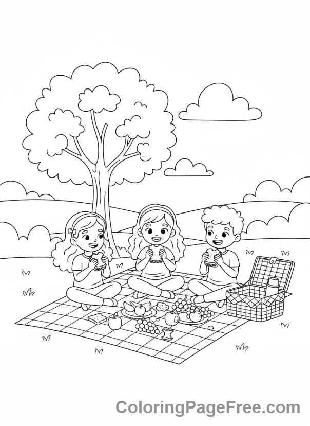 Picnic coloring page - Eating picnic lunch