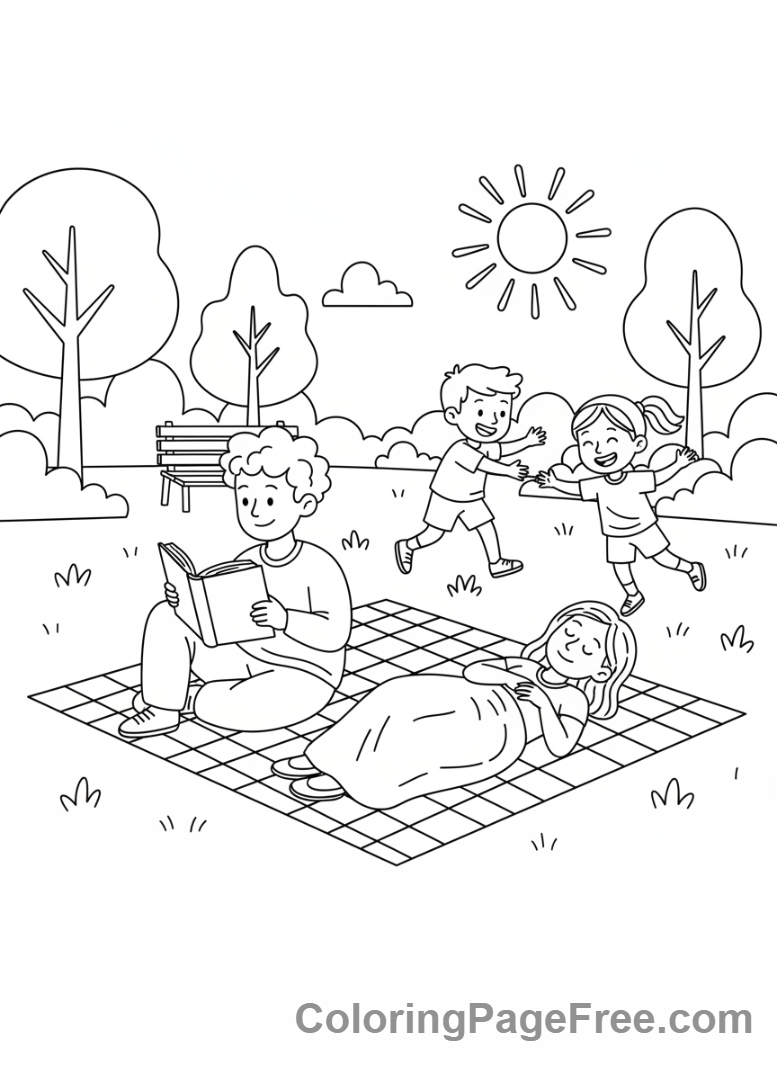 Picnic coloring page - Parents relax kids play