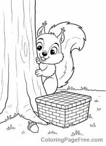 Picnic coloring page - Squirrel peeks picnic