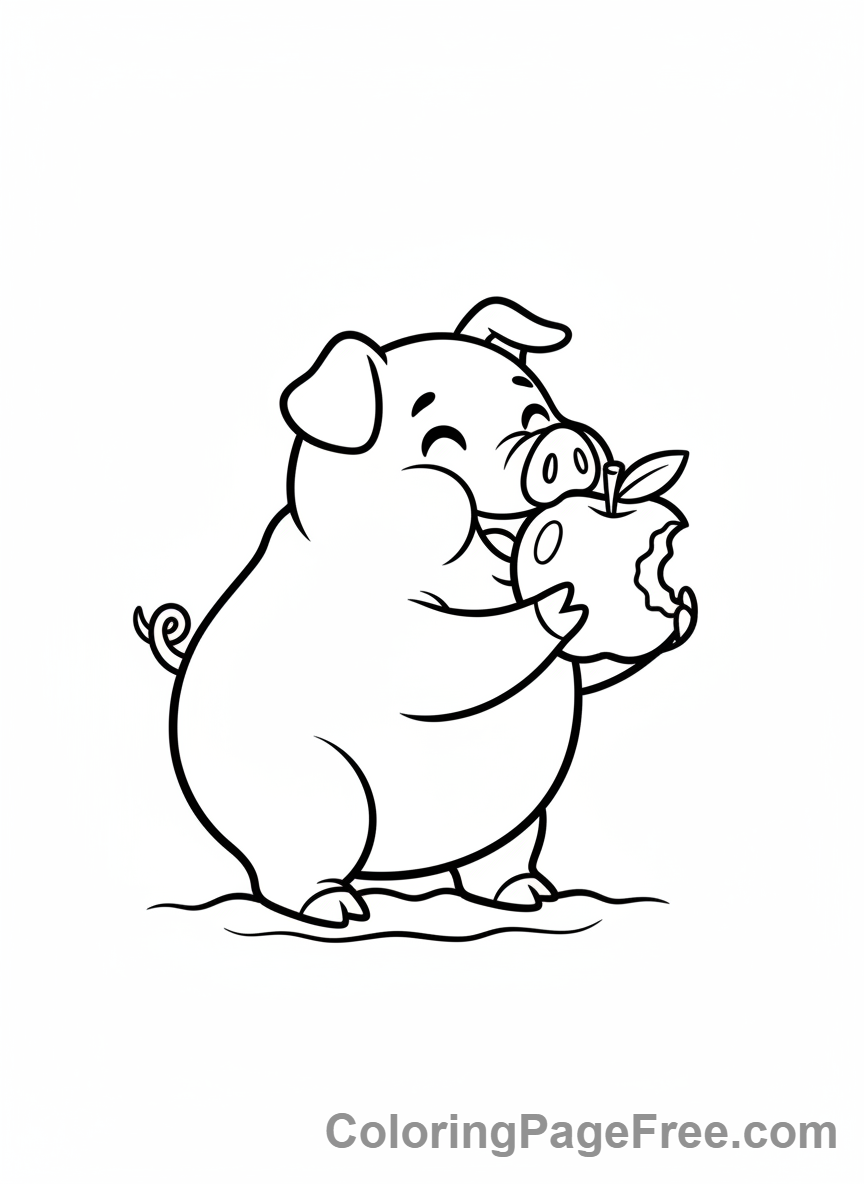 Pig coloring page - Pig eating apple