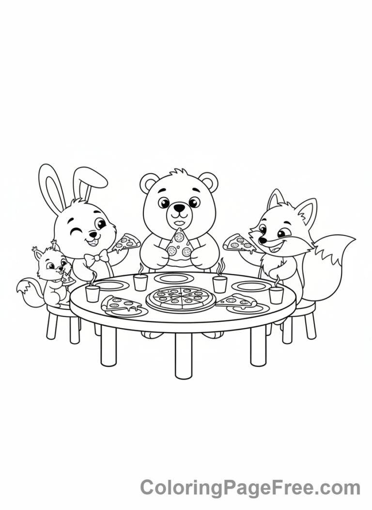 Animals having a pizza party coloring page
